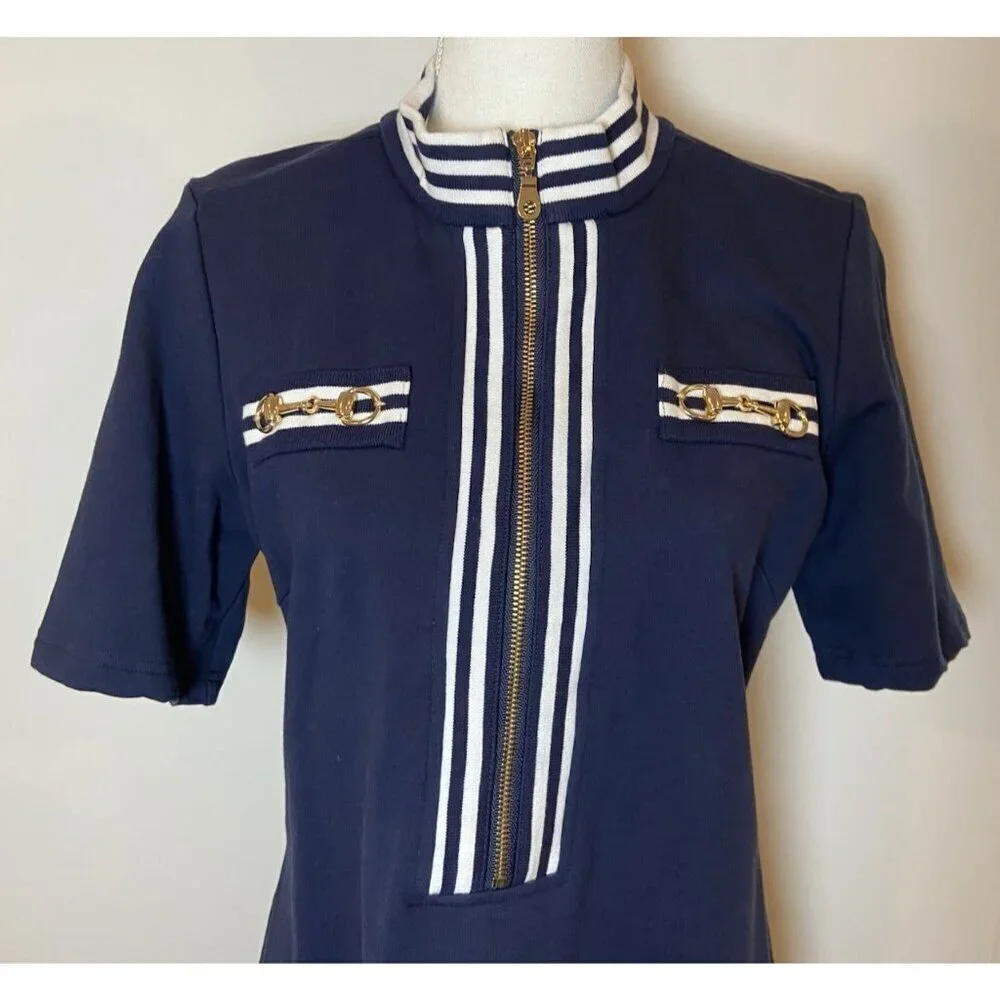 Boston Proper Dress Sheath Stretch Nautical Navy Blue White Gold Medium M
